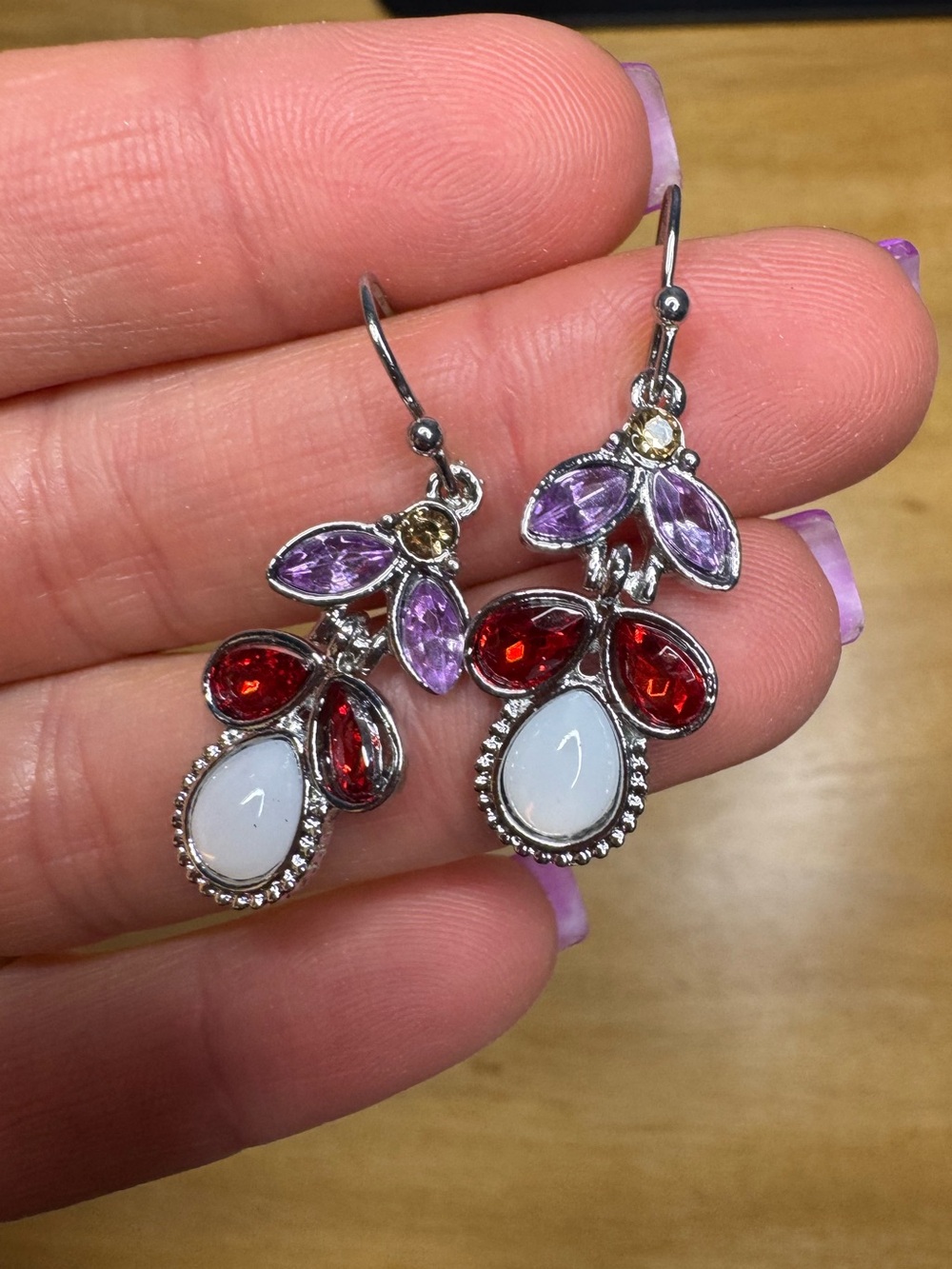 NWT Silver tone Drop Earrings with Red, Purple and White Stones